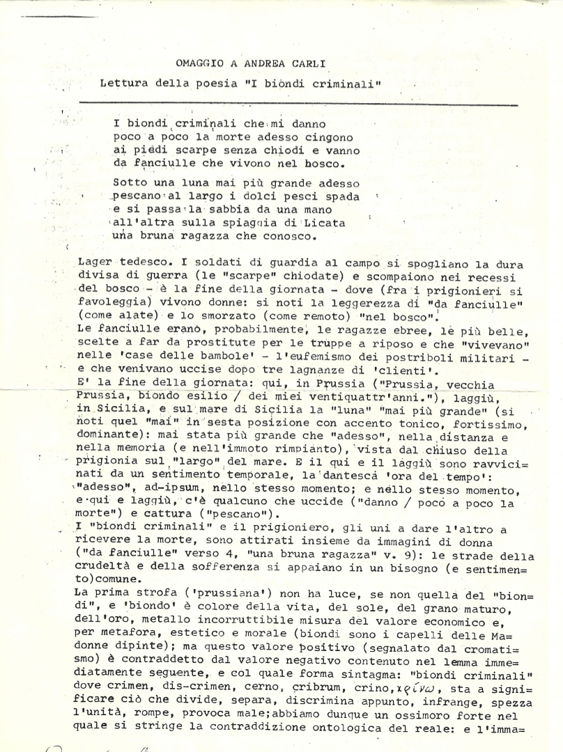 Lettura della poesia “I biondi criminali” Commento a cura di Toni Comello  scrittore  attore  regista  nonché amico dell’autore